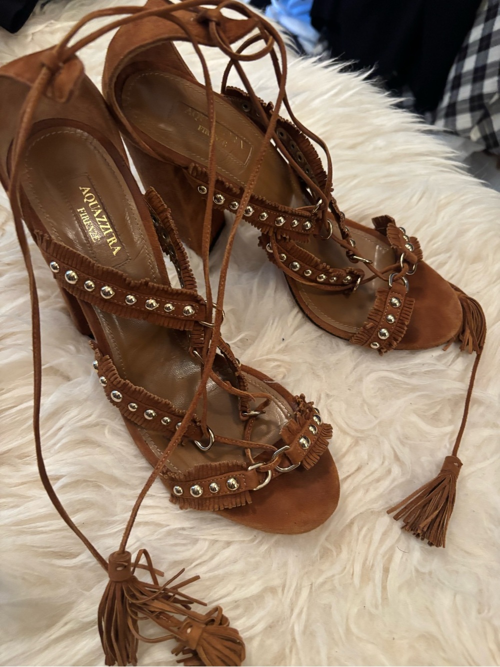 AQUAZZURA Tulum Brown Suede Fringe Lace-Up Sandals size 38 1/2 - Picture 4 of 8